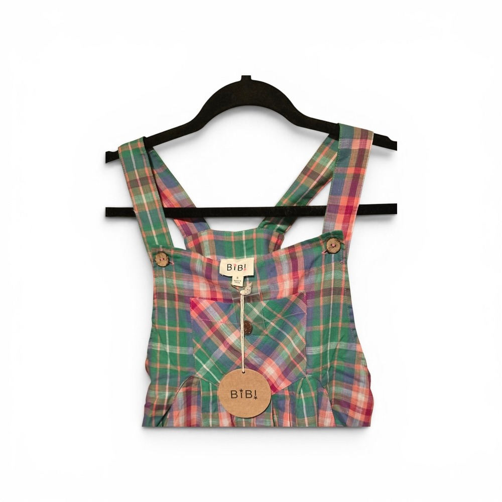 BIBI Womens Green Pink Plaid Cotton Wide Leg Overalls Jumpsuit IB1130J-26 New - Picture 4 of 8